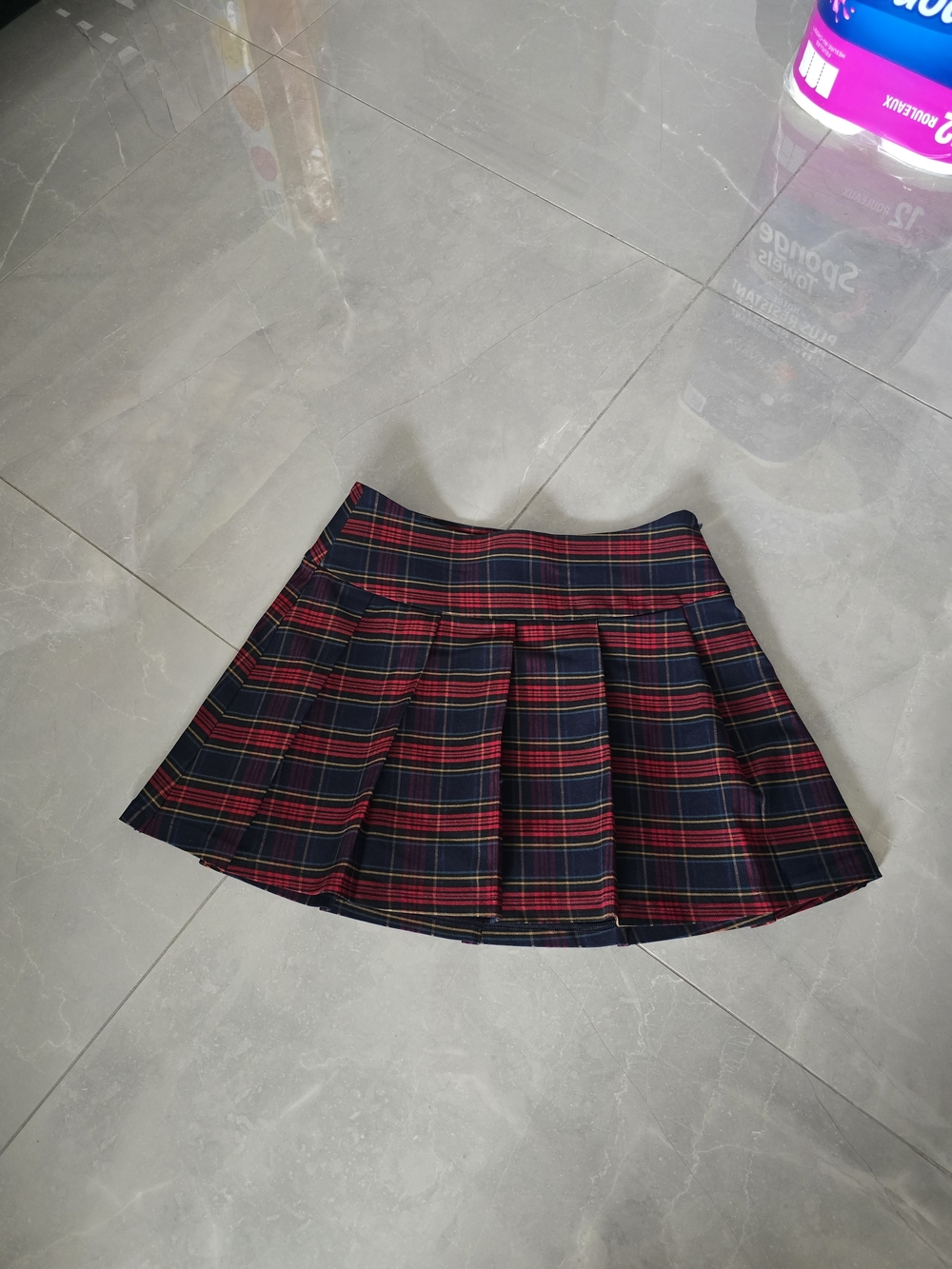 Mango Navy and Red Plaid Pleated Mini Skirt